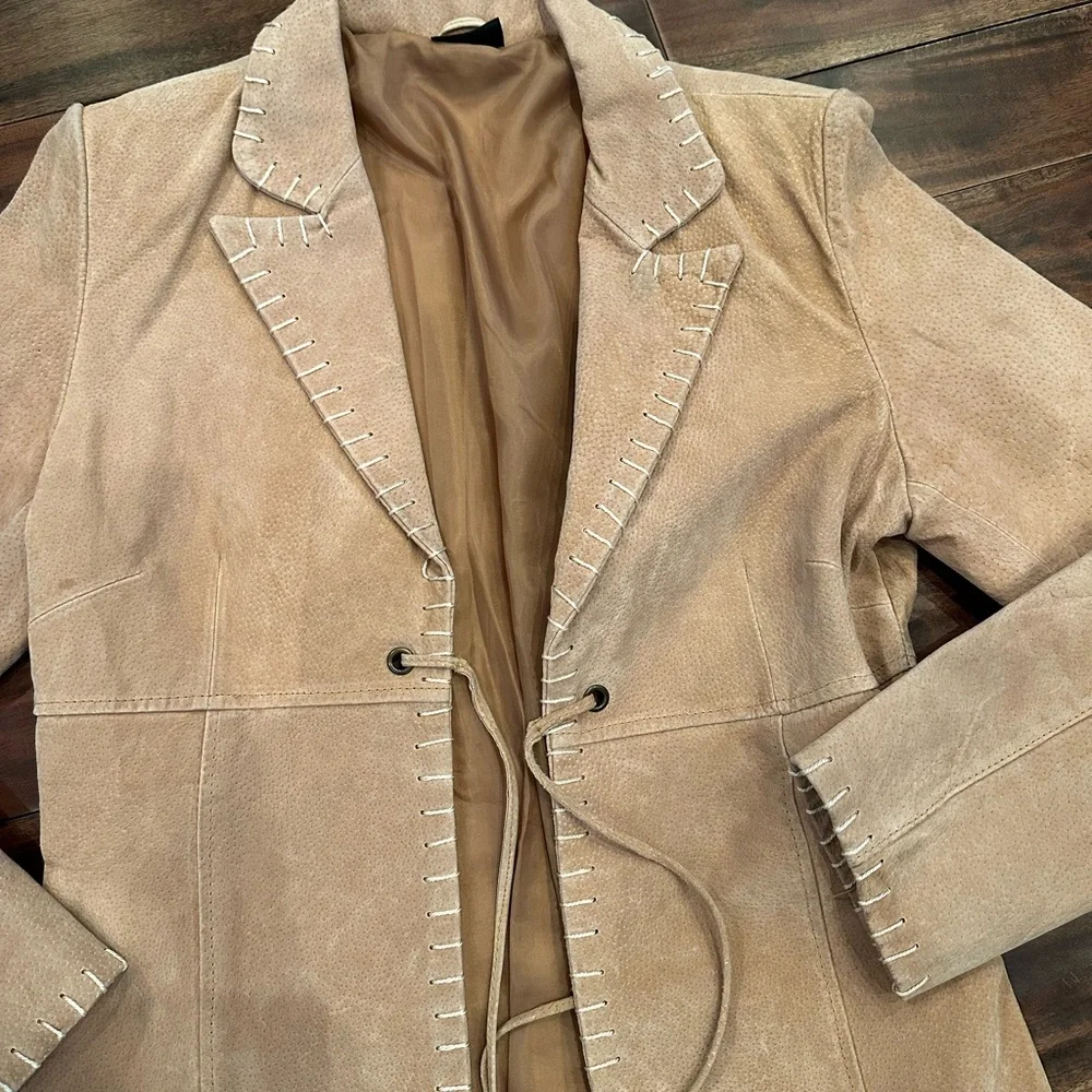 Joe Boxer Tan Leather Stitch Tie Front Suede Jacket Size Small - Picture 2 of 4